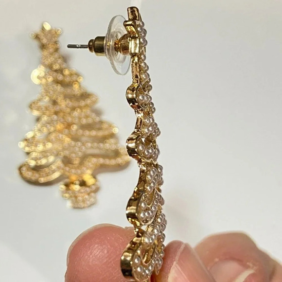 Christmas Tree Statement Fun Earrings with Faux Pearls Pierced - Picture 7 of 7